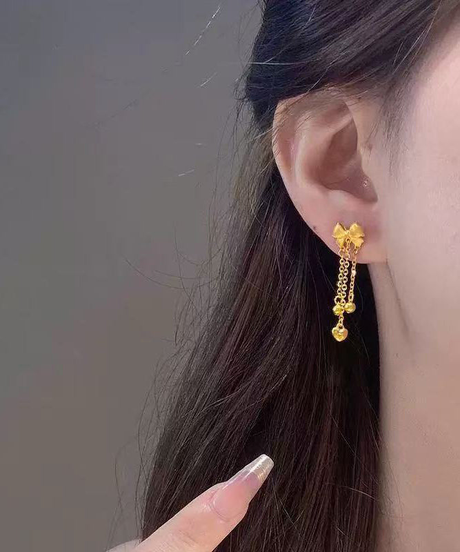 Chinese Style Gold Sterling Silver Overgild Bow Tassel Drop Earrings