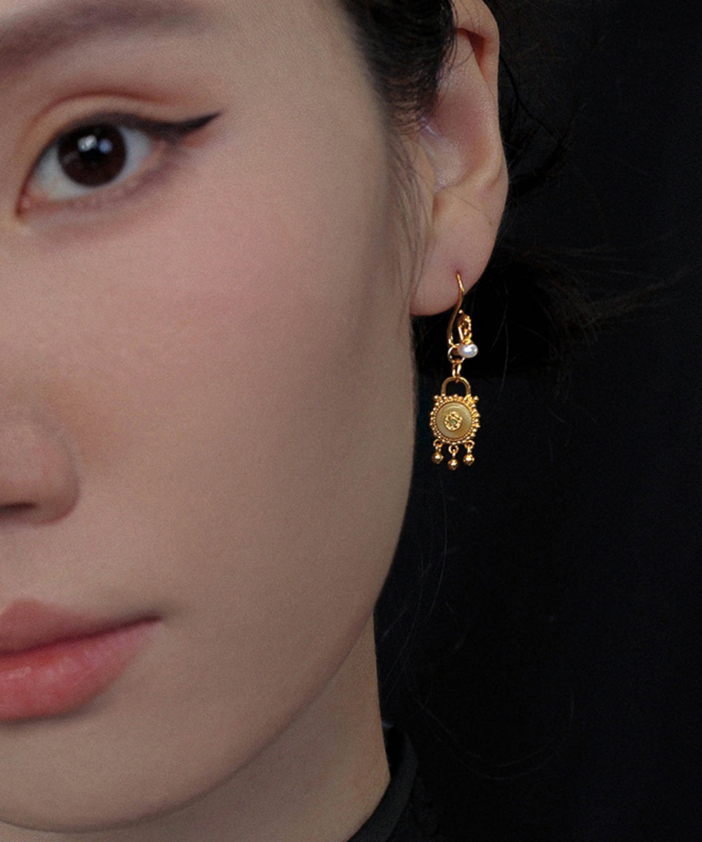 Chinese Style Gold Sterling Silver Overgild Pearl Beeswax Tassel Drop Earrings