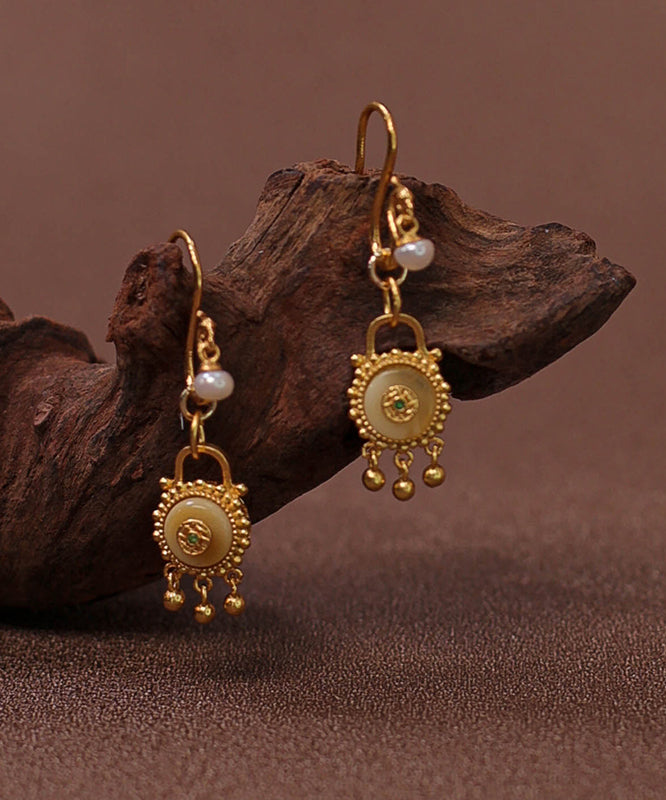 Chinese Style Gold Sterling Silver Overgild Pearl Beeswax Tassel Drop Earrings