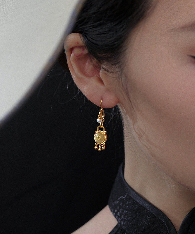 Chinese Style Gold Sterling Silver Overgild Pearl Beeswax Tassel Drop Earrings