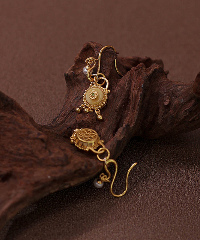 Chinese Style Gold Sterling Silver Overgild Pearl Beeswax Tassel Drop Earrings