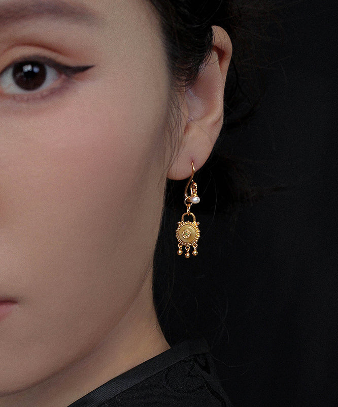 Chinese Style Gold Sterling Silver Overgild Pearl Beeswax Tassel Drop Earrings