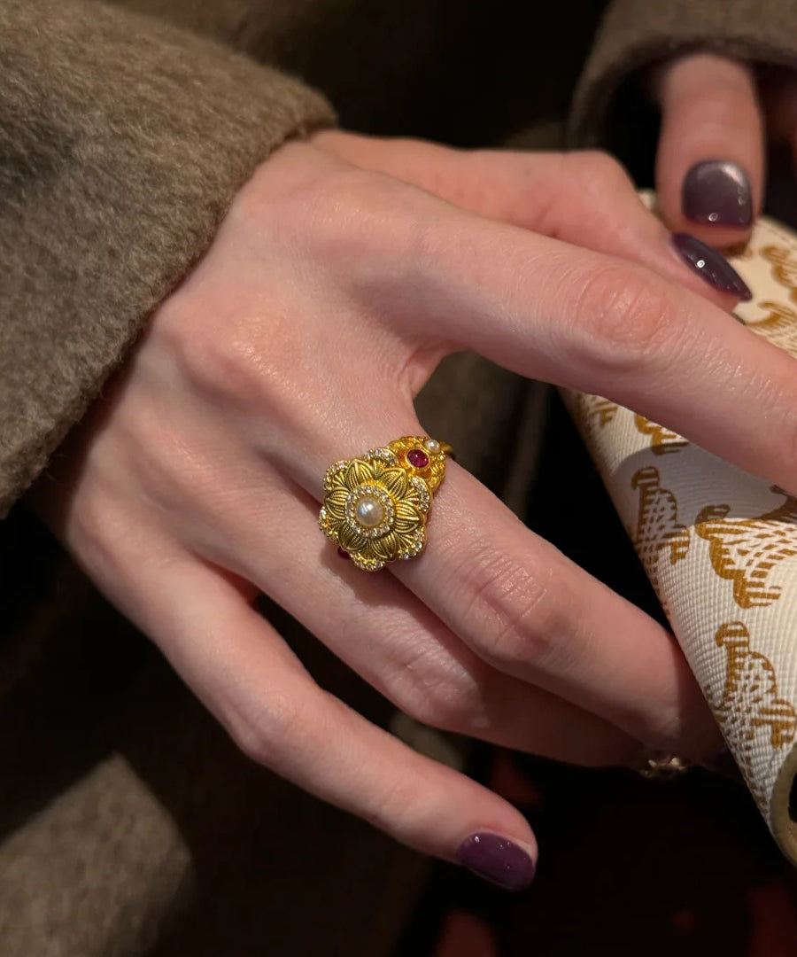 Chinese Style Gold Sterling Silver Overgild Pearl Gem Stone Rings