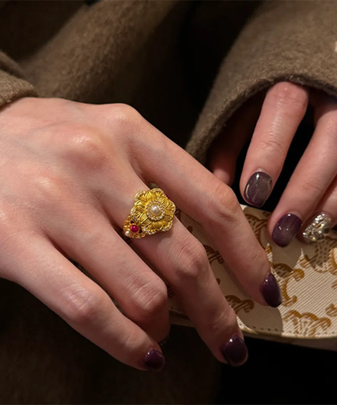 Chinese Style Gold Sterling Silver Overgild Pearl Gem Stone Rings