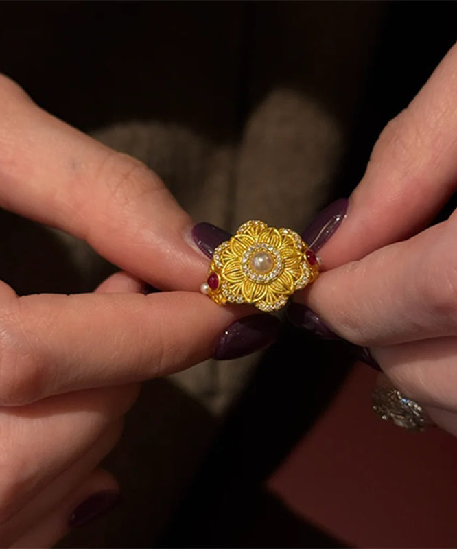Chinese Style Gold Sterling Silver Overgild Pearl Gem Stone Rings