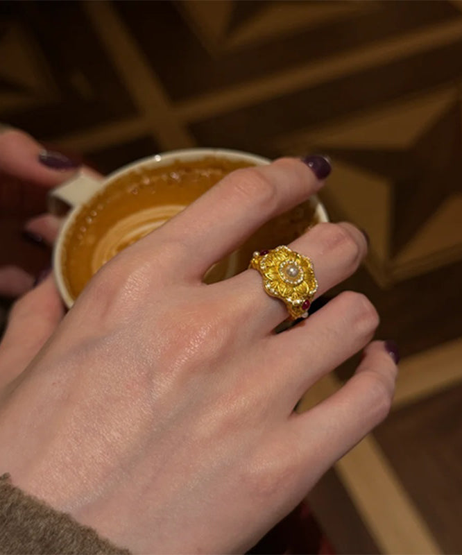 Chinese Style Gold Sterling Silver Overgild Pearl Gem Stone Rings