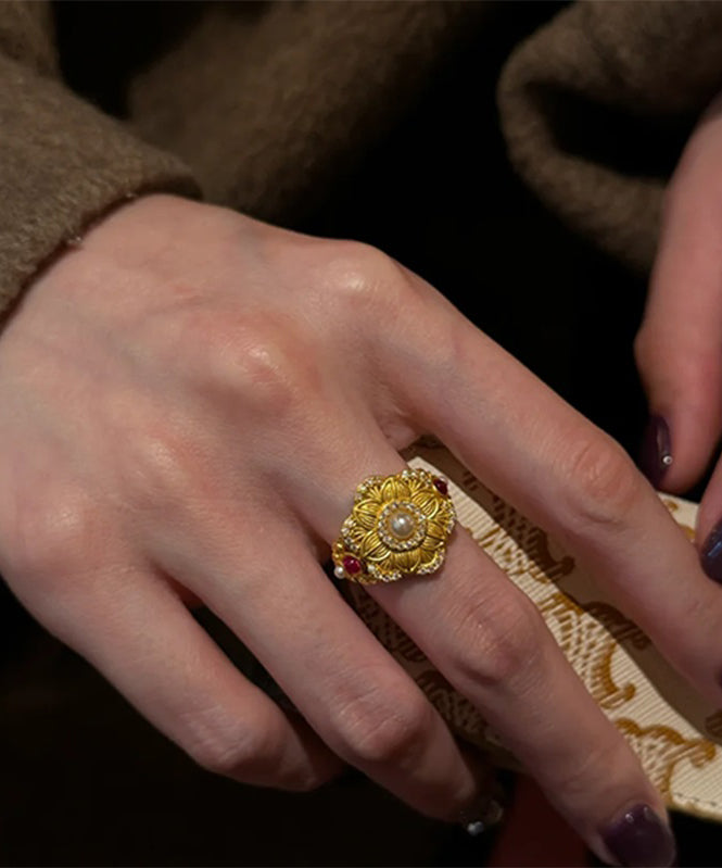 Chinese Style Gold Sterling Silver Overgild Pearl Gem Stone Rings