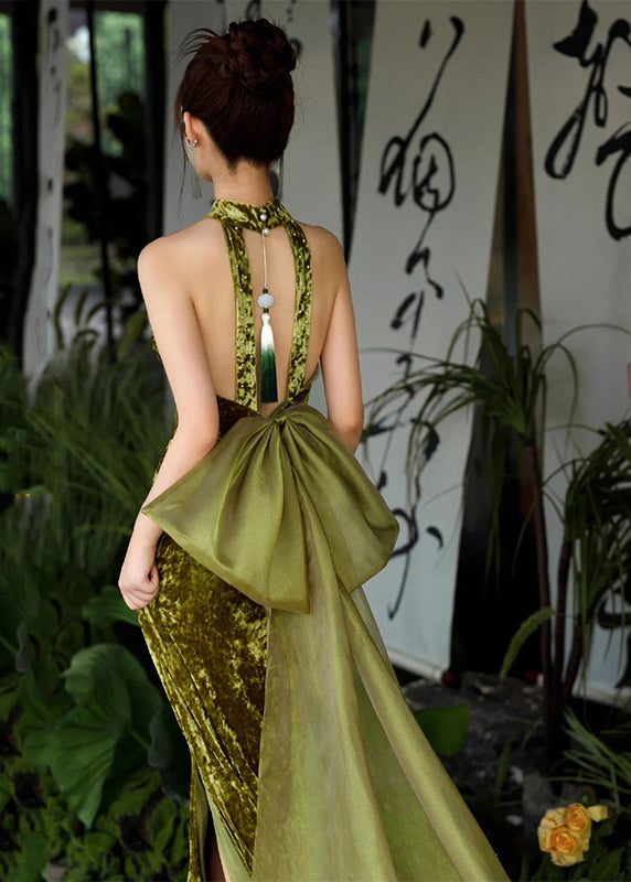 Chinese Style Grass Green Silm Fit Silk Velvet Dresses Summer