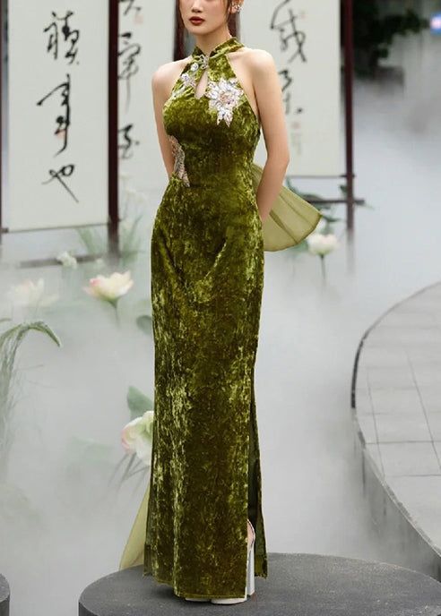 Chinese Style Grass Green Silm Fit Silk Velvet Dresses Summer
