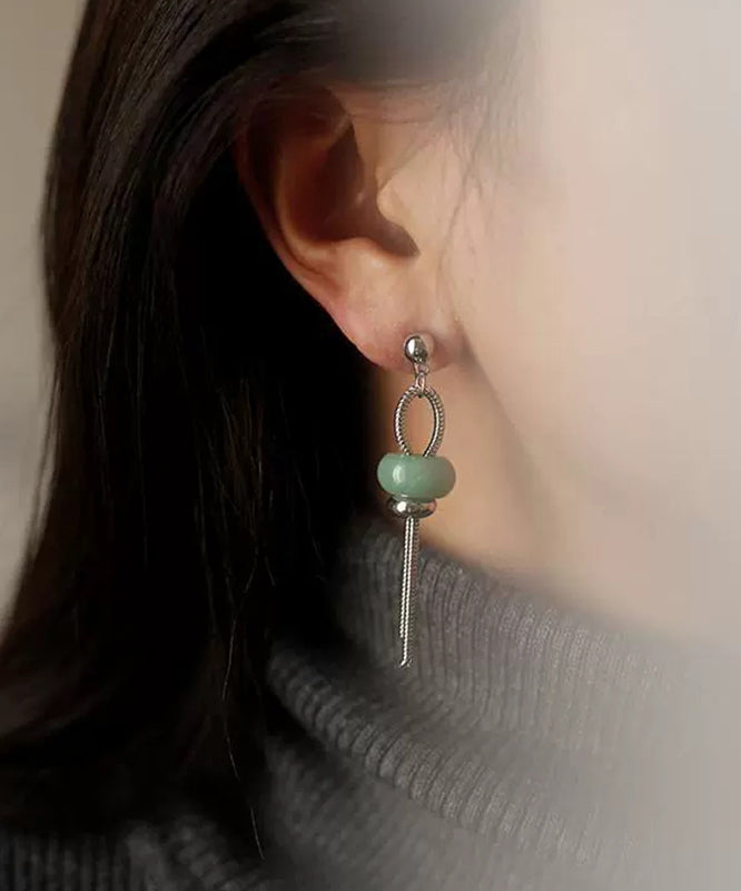 Chinese Style Green Copper Jade Small Lantern Tassel Drop Earrings