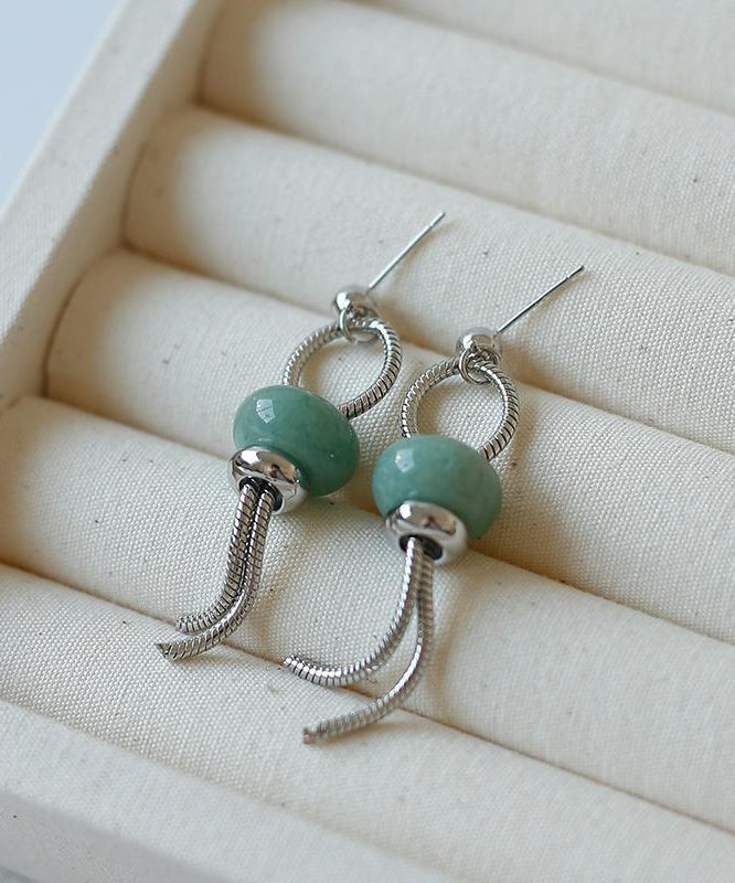 Chinese Style Green Copper Jade Small Lantern Tassel Drop Earrings
