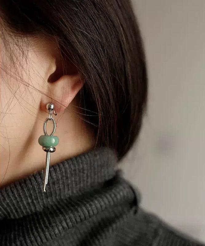Chinese Style Green Copper Jade Small Lantern Tassel Drop Earrings