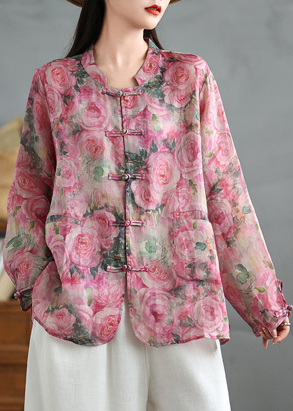 Chinese Style Pink Print Oriental Button Linen Shirts Coat Fall