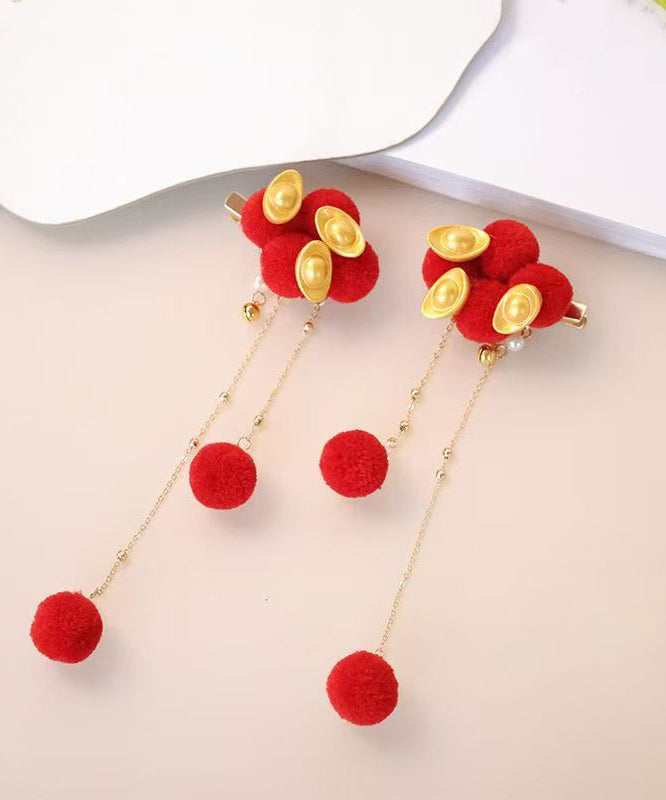 Chinese Style Red Alloy Fuzzy Ball Decorated Gold Bullion Tassel A Pair Girls Hairpin
