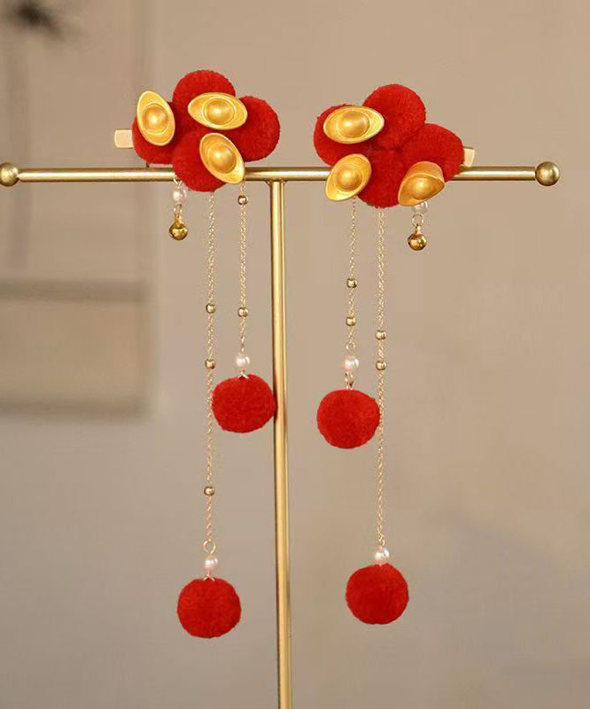 Chinese Style Red Alloy Fuzzy Ball Decorated Gold Bullion Tassel A Pair Girls Hairpin