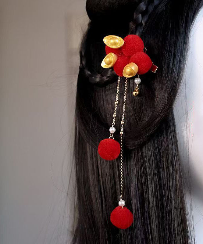 Chinese Style Red Alloy Fuzzy Ball Decorated Gold Bullion Tassel A Pair Girls Hairpin