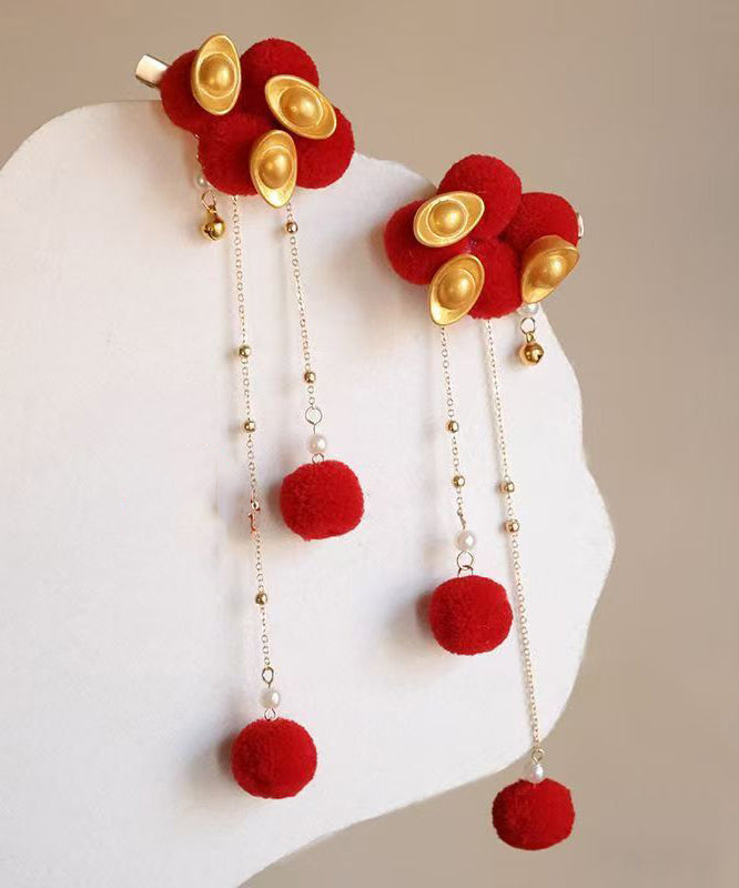 Chinese Style Red Alloy Fuzzy Ball Decorated Gold Bullion Tassel A Pair Girls Hairpin