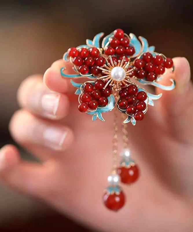 Chinese Style Red Alloy Pearl Coloured Glaze Plum Blossom Tassel Hairpin