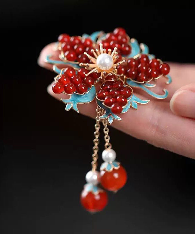 Chinese Style Red Alloy Pearl Coloured Glaze Plum Blossom Tassel Hairpin