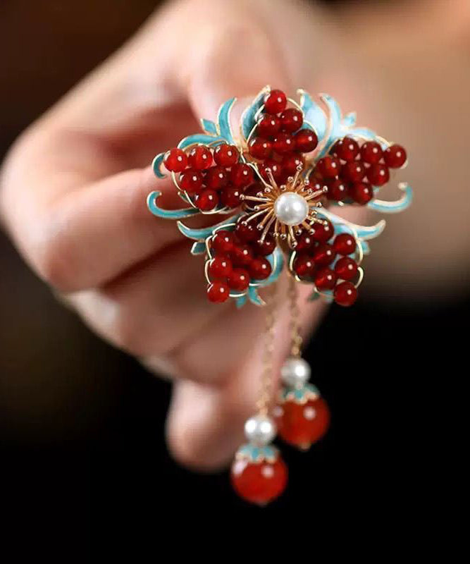 Chinese Style Red Alloy Pearl Coloured Glaze Plum Blossom Tassel Hairpin