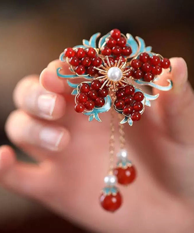 Chinese Style Red Alloy Pearl Coloured Glaze Plum Blossom Tassel Hairpin