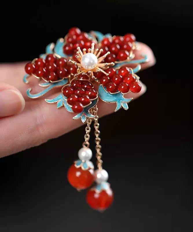 Chinese Style Red Alloy Pearl Coloured Glaze Plum Blossom Tassel Hairpin