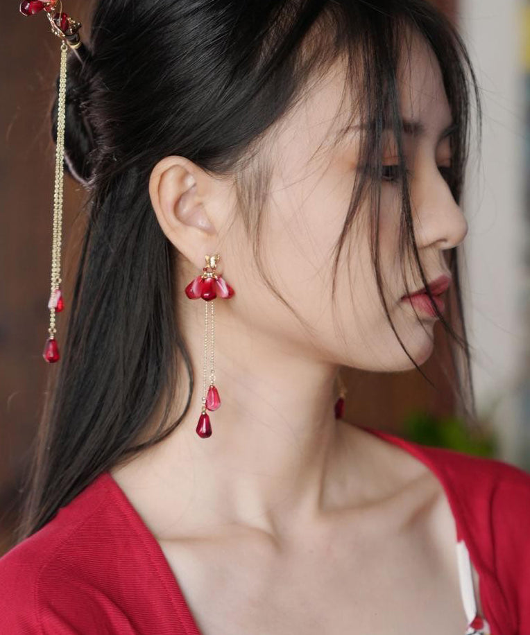 Chinese Style Red Copper Overgild Glass Rice Beads Resin Tassel Drop Earrings