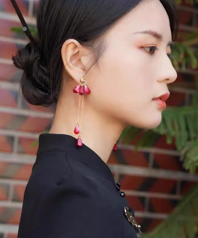 Chinese Style Red Copper Overgild Glass Rice Beads Resin Tassel Drop Earrings