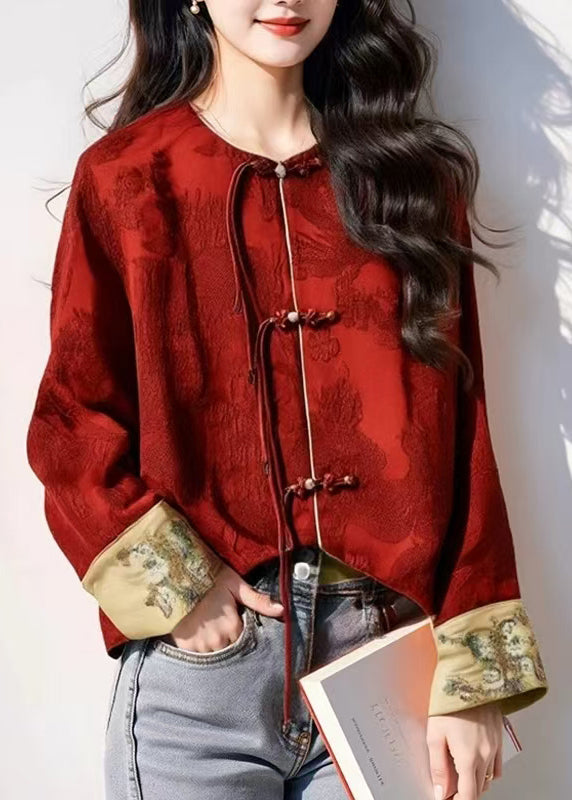 Chinese Style Red Oriental Button Tassel Silk Coat Autumn