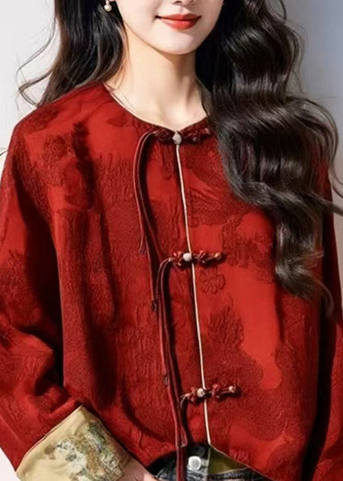 Chinese Style Red Oriental Button Tassel Silk Coat Autumn