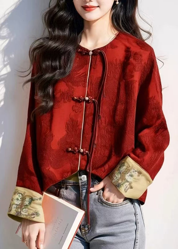 Chinese Style Red Oriental Button Tassel Silk Coat Autumn