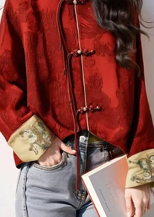 Chinese Style Red Oriental Button Tassel Silk Coat Autumn