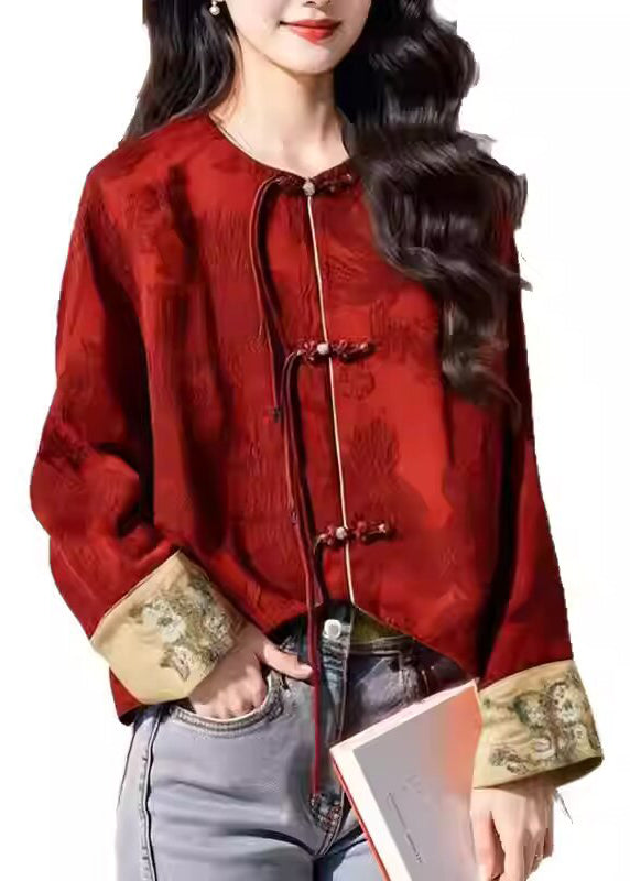 Chinese Style Red Oriental Button Tassel Silk Coat Autumn