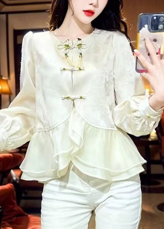 Chinese Style Ruffled Oriental Button Patchwork Silk Shirt Top Spring