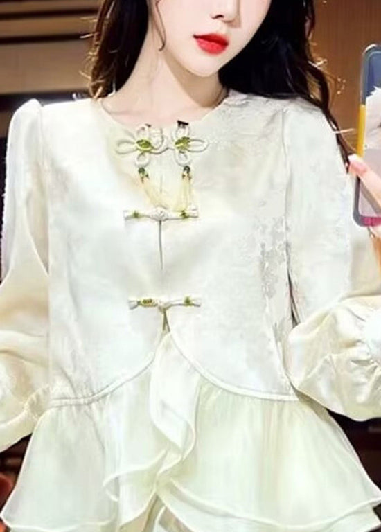 Chinese Style Ruffled Oriental Button Patchwork Silk Shirt Top Spring