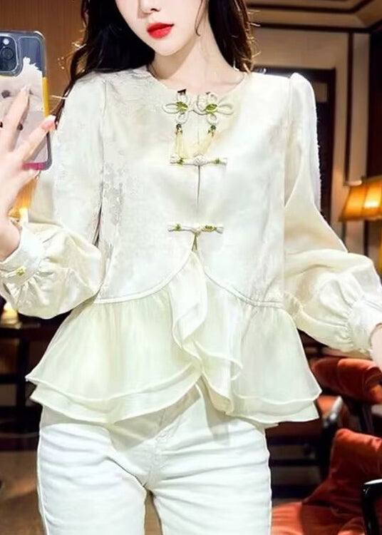 Chinese Style Ruffled Oriental Button Patchwork Silk Shirt Top Spring