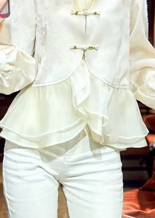 Chinese Style Ruffled Oriental Button Patchwork Silk Shirt Top Spring