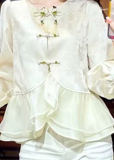 Chinese Style Ruffled Oriental Button Patchwork Silk Shirt Top Spring