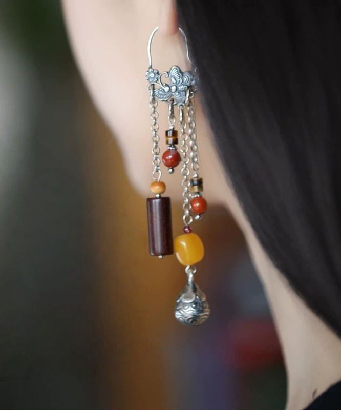 Chinese Style Silk Sterling Silver Agate Beeswax Tassel Drop Earrings