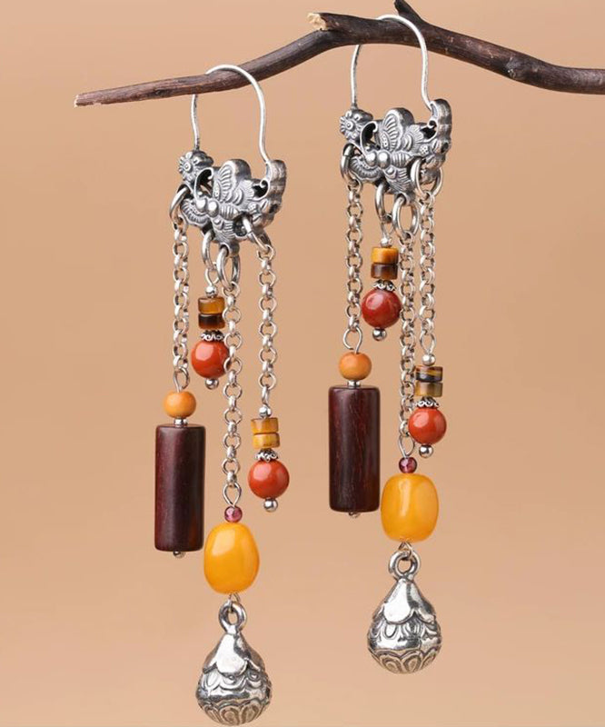Chinese Style Silk Sterling Silver Agate Beeswax Tassel Drop Earrings