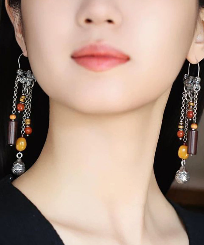 Chinese Style Silk Sterling Silver Agate Beeswax Tassel Drop Earrings