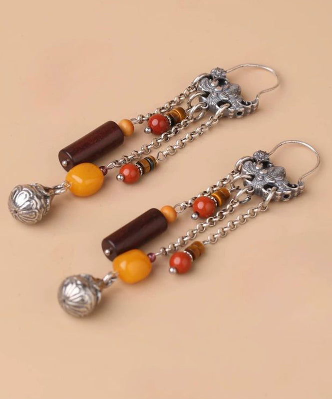 Chinese Style Silk Sterling Silver Agate Beeswax Tassel Drop Earrings