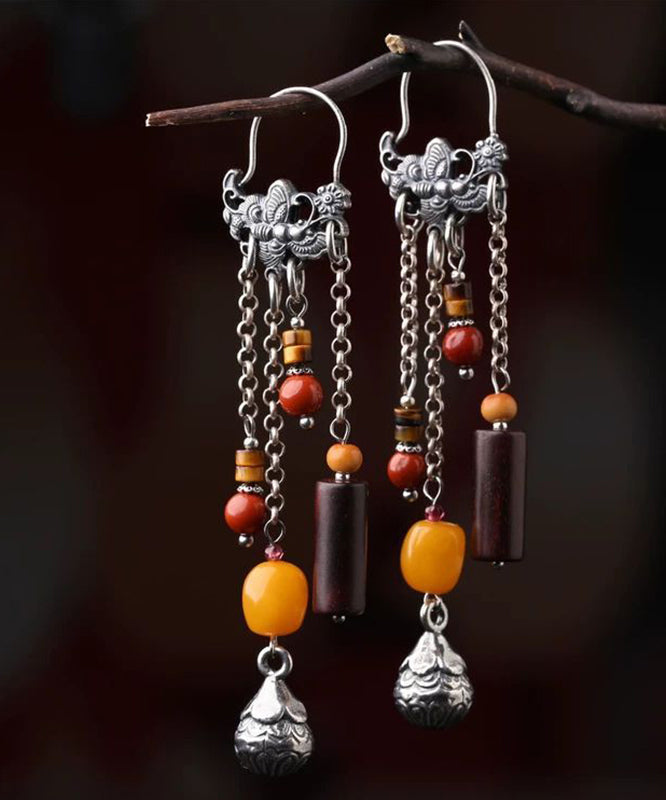 Chinese Style Silk Sterling Silver Agate Beeswax Tassel Drop Earrings