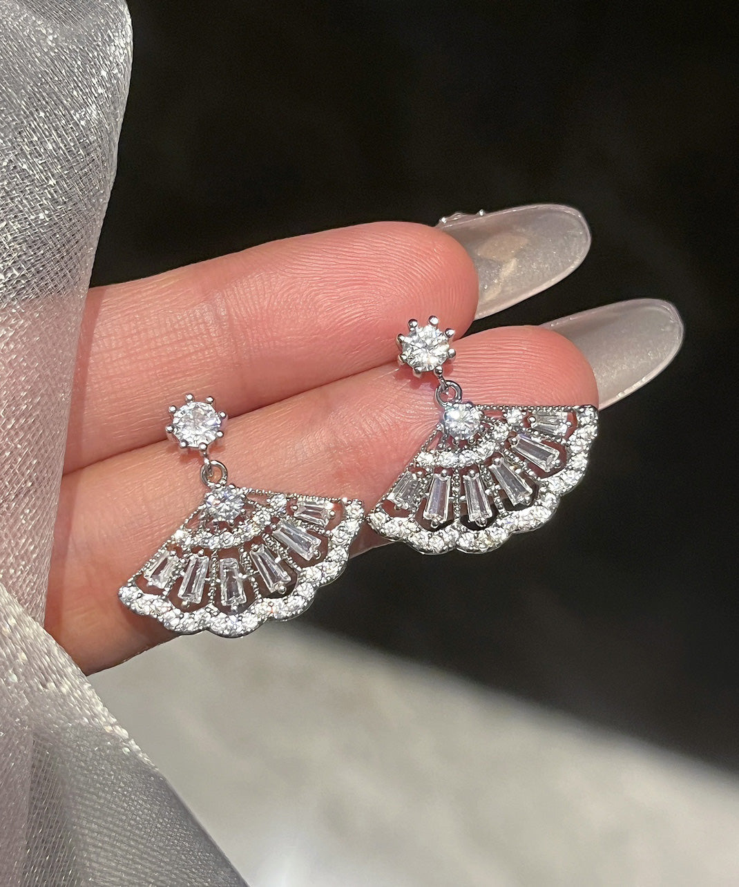 Chinese Style White Copper Zircon Fan-Shaped Tassel Drop Earrings