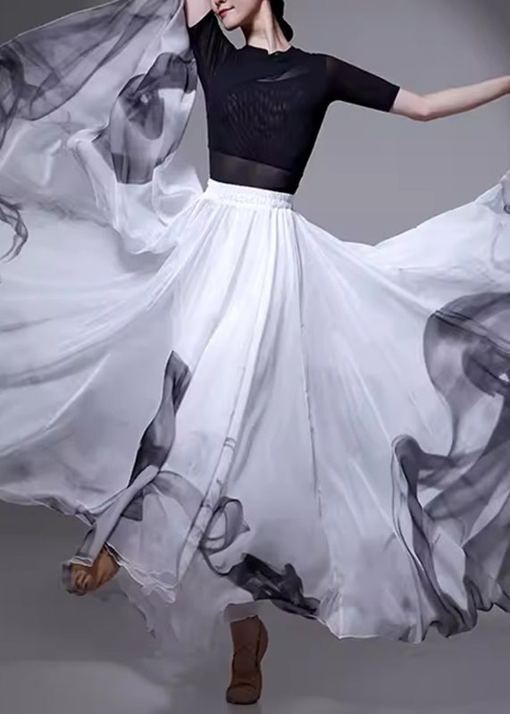 Chinese Style White Elastic Waist Silk Skirt Summer