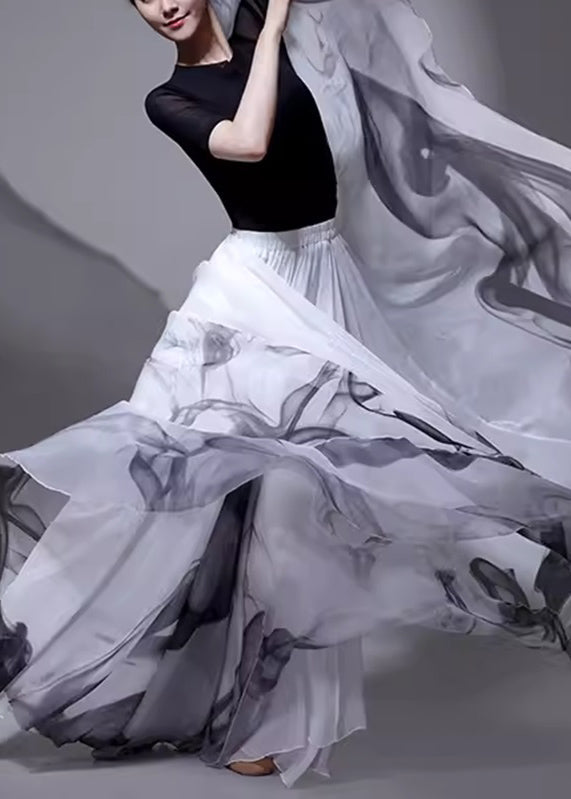 Chinese Style White Elastic Waist Silk Skirt Summer