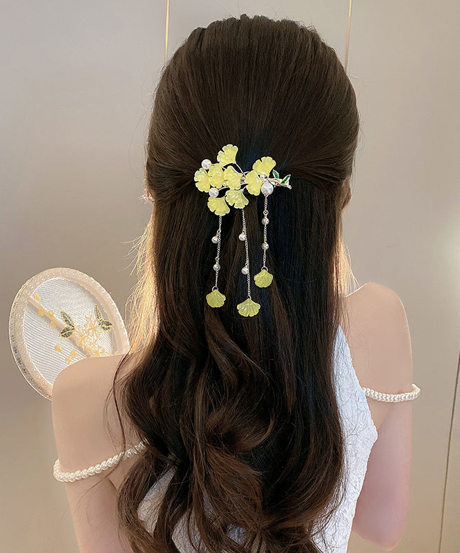 Chinese Style Yellow Alloy Coloured Glaze Pearl Ginkgo Leaves Tassel Hairpin