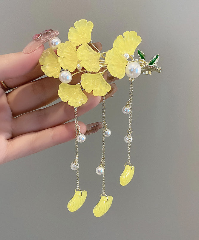 Chinese Style Yellow Alloy Coloured Glaze Pearl Ginkgo Leaves Tassel Hairpin