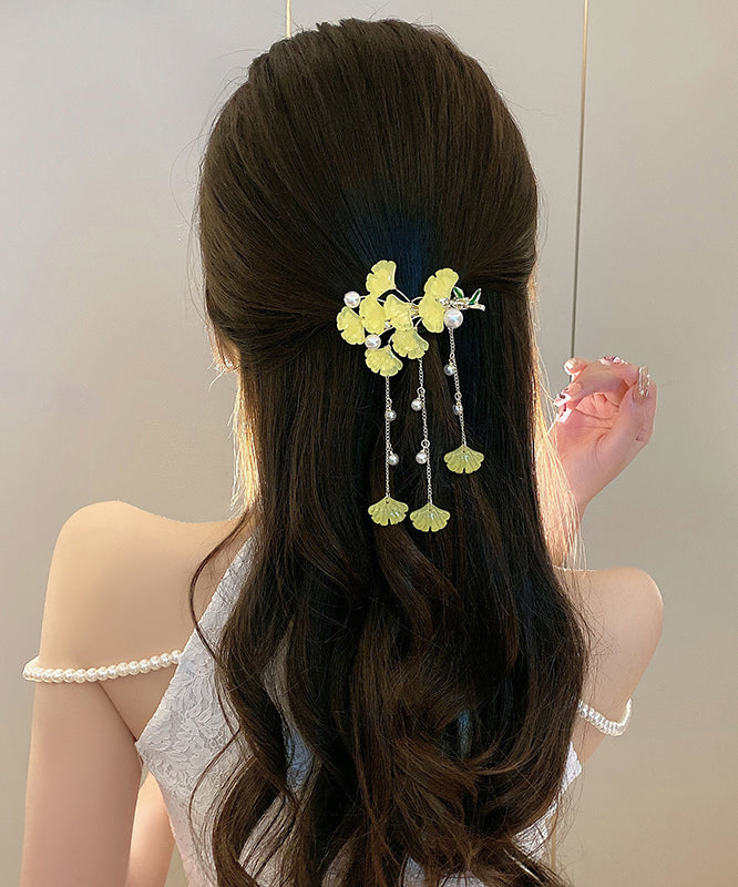 Chinese Style Yellow Alloy Coloured Glaze Pearl Ginkgo Leaves Tassel Hairpin