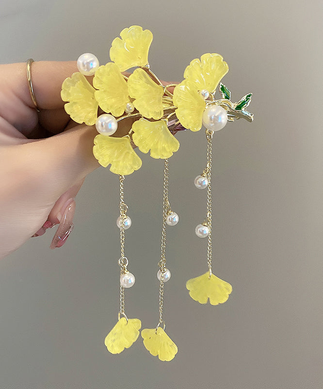 Chinese Style Yellow Alloy Coloured Glaze Pearl Ginkgo Leaves Tassel Hairpin